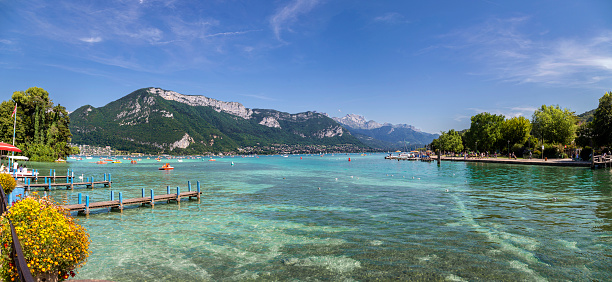 Panoramic view of Annecy Lake in summer. Turqoise water. Landscape