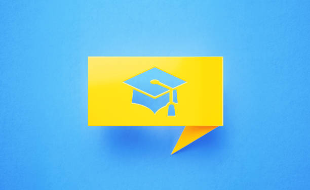 istock Graduation Cap Drawn Yellow Chat Bubble on Blue Background 1225669467