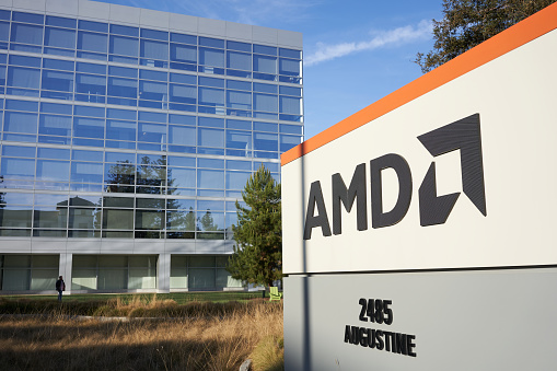 Santa Clara, CA, USA - Feb 17, 2020: American semiconductor company Advanced Micro Devices, Inc.'s Headquarters in Santa Clara, California. AMD develops computer processors and related technologies.