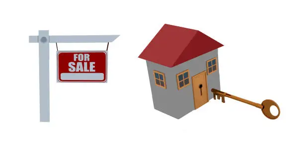 Vector illustration of A vector of a small house with doos and windows in a house sale and sold concept.