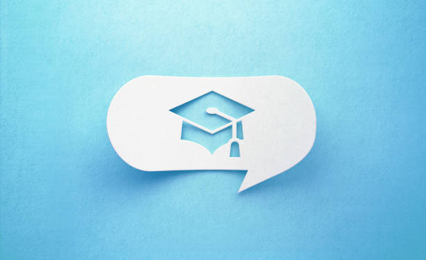 istock Graduation Cap Icon Drawn White Chat Bubble on Blue Background 1225671829