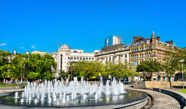 Fountains at Piccadilly garden in Manchester, England Fountains at Piccadilly garden in Manchester city center, England manchester england stock pictures, royalty-free photos & images