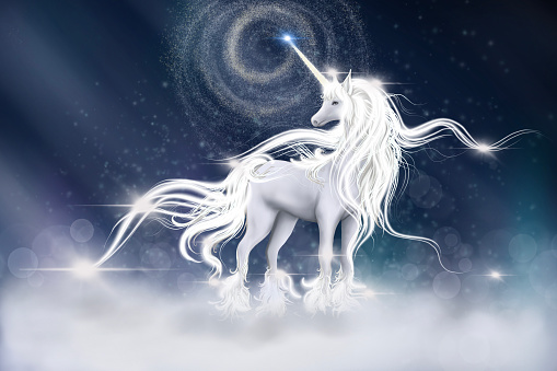 Illustration Of Unicorn With Sky Galaxy Fantasy Background In Blue Color  Digital Cg Painting Of Fantasy Horse With Lightning Strike Bed Time Story  Fairy Tale Concept Stock Illustration - Download Image Now -