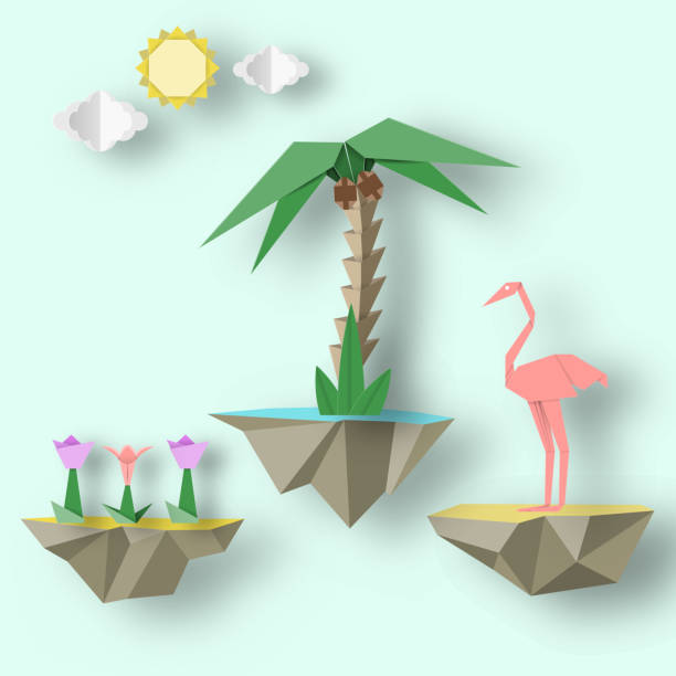 Flying islands on which there are flamingo. Artistic abstract paper origami concept with flying islands on which there are flamingo, palm, flowers. Trendy crafted background. Vector Illustrations Art Design. tropical beach and clouds scene stock illustrations