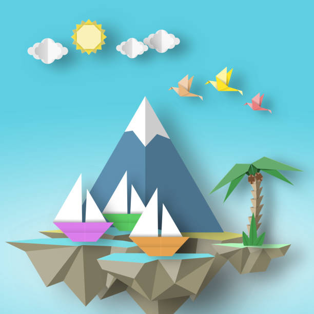 istock Cut Birds, Yacht, Mountain, Palm and Fly Island. 1225676836