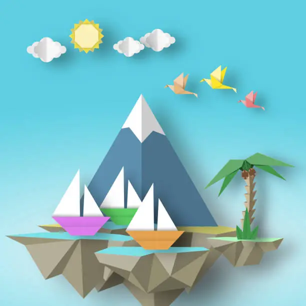Vector illustration of Cut Birds, Yacht, Mountain, Palm and Fly Island.