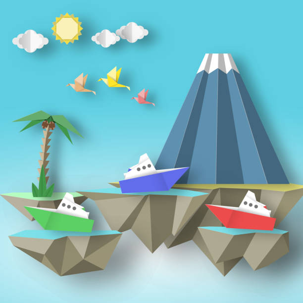 istock Cut Birds, Steamship, Mountain and 3D Fly Island. 1225676841