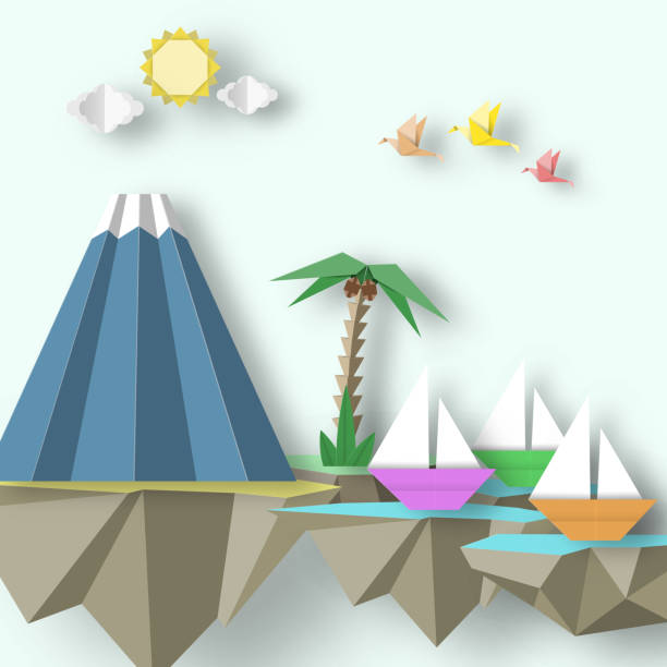 istock Abstract  Cut Birds, Yacht, Mountain and 3D Fly Island. 1225676843