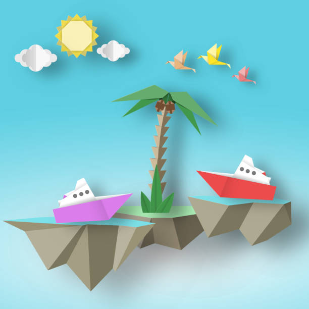 istock Paper Birds, Steamship, Palm and 3D Fly Island. 1225676846