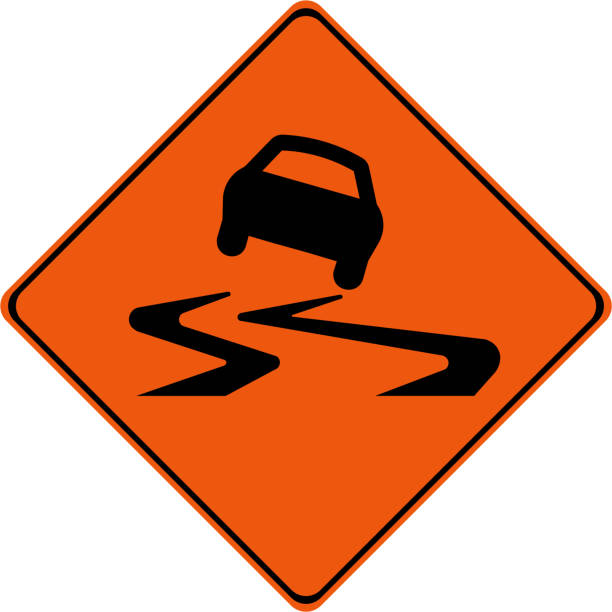 illustrations, cliparts, dessins animés et icônes de signe d’avertissement avec le symbole glissant de route - swerving