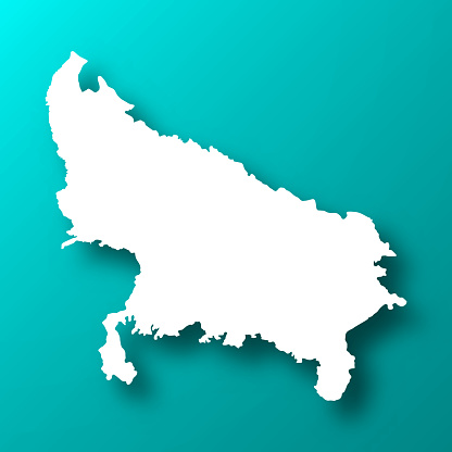 White map of Uttar Pradesh isolated on a trendy color, a blue green background and with a dropshadow. Vector Illustration (EPS10, well layered and grouped). Easy to edit, manipulate, resize or colorize.