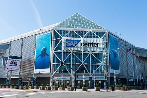SAP Center indoor arena exterior. Its primary tenant is the San Jose Sharks of the National Hockey League - San Jose, CA, USA - 2020