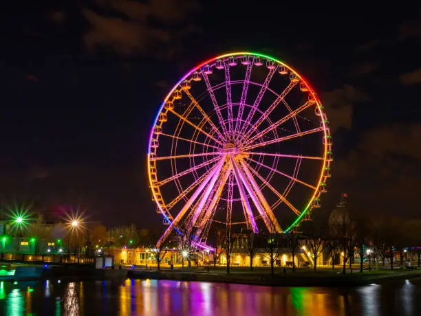The ferris The ferris wheel of the old port of Montreal with the colors of the rainbow concerning the covid-19wheel of the old port of Montreal with the colors of the rainbow concerning the covid-19