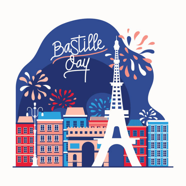 illustrazioni stock, clip art, cartoni animati e icone di tendenza di illustrazione happy bastille day flyer e biglietto d'auguri per la festa nazionale francese - asia travel traditional culture people