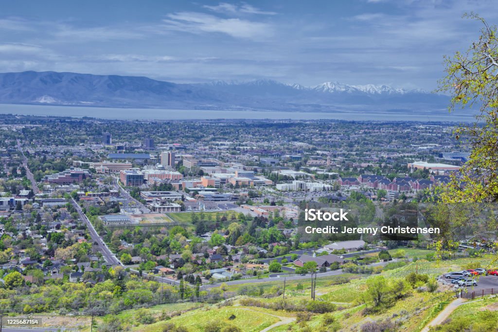 Provo Landscape and Utah Lake views from the Bonneville Shoreline Trail (BST) and the Y trail, which follows the eastern shoreline of ancient Lake Bonneville, now the Great Salt Lake, along the Wasatch Front Rocky Mountains. USA Utah Stock Photo