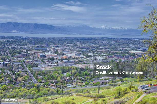 Provo Landscape And Utah Lake Views From The Bonneville Shoreline Trail And The Y Trail Which Follows The Eastern Shoreline Of Ancient Lake Bonneville Now The Great Salt Lake Along The Wasatch Front Rocky Mountains Usa Stock Photo - Download Image Now
