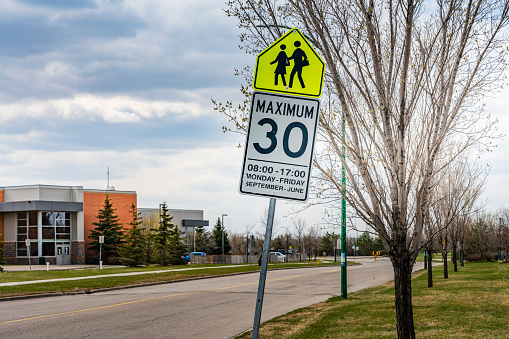 school zone sign in Saskatoon, SK, Canada.