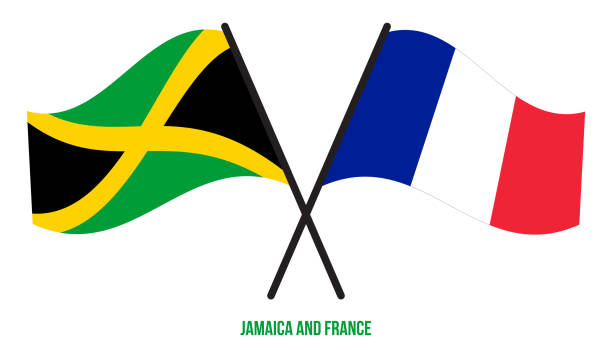 bildbanksillustrationer, clip art samt tecknat material och ikoner med jamaica och frankrike flaggor korsade och viftande platt stil. officiell andel. rätt färger - welcome to jamaica