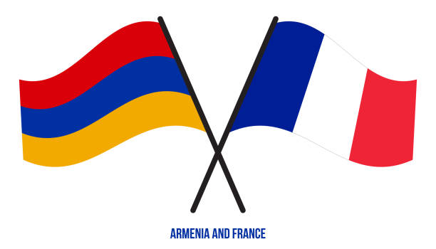 ermenistan ve fransa bayrakları geçti ve düz stil sallayarak. resmi oran. doğru renkler - ermeni bayrağı stock illustrations
