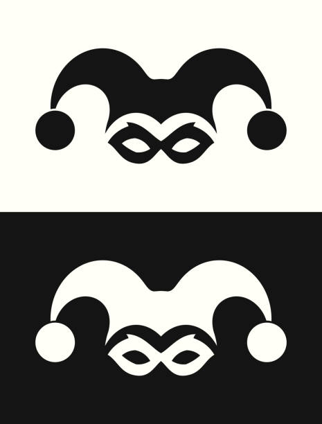 Jester hat and mask. Joker clown icon Jester hat with bells or pompons and masquerade mask - cut out vector icon poker card tattoos stock illustrations