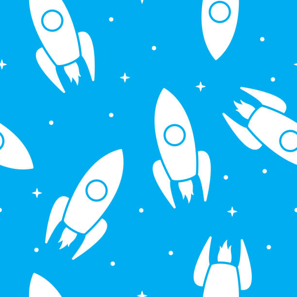 Rocket Pattern Silhouette 2 Vector illustration of rockets in a repeating pattern against a blue background. rocketship patterns stock illustrations