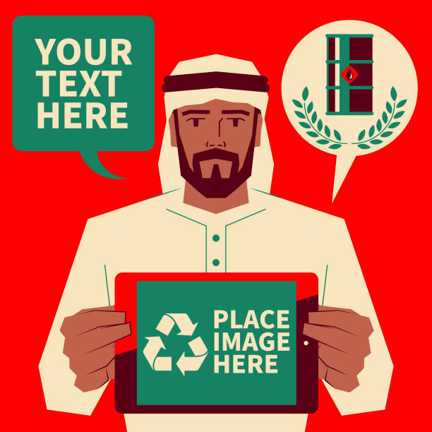 przystojny arab (iea, opec, arec) trzymający cyfrowy tablet i pokazujący energię odnawialną w świecie arabskim - opec stock illustrations