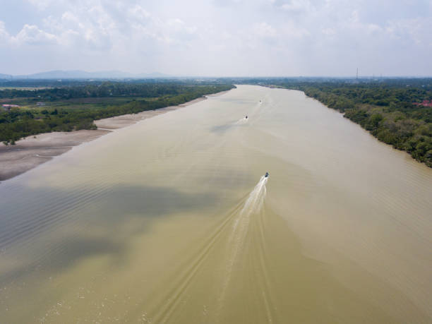 istock Aerial view a boat move at Sungai Muda 1225705686