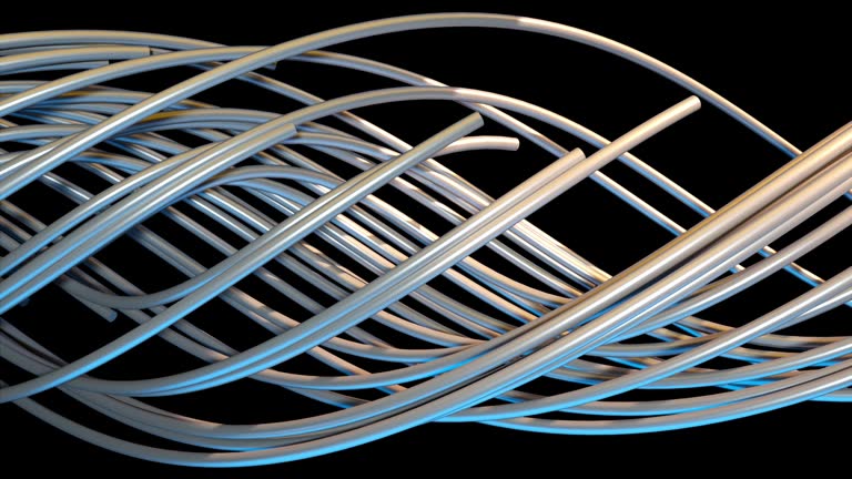 Random optical fibers are woven into a large spiral, 3d rendering. Computer generated abstract volumetric background