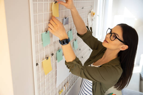 istock Calm lady sticking memo note on her mesh board on the wall 1225706435