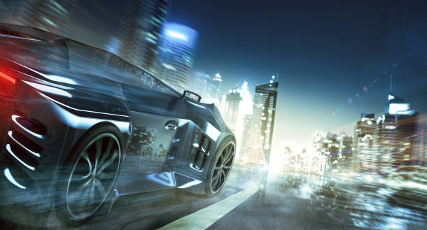 istock Car drives through night city 3D Rendering 1225706784