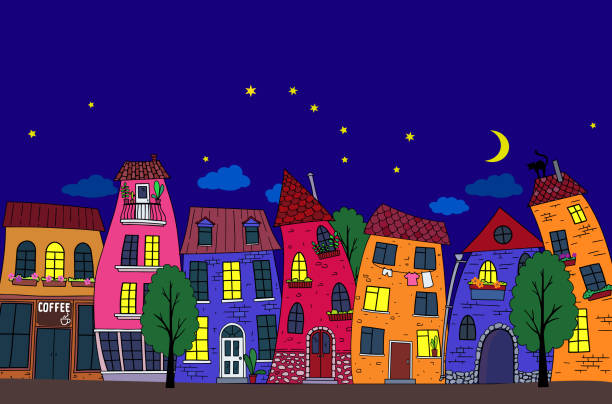 istock Urban landscape. Starry night, street with bright decorative houses. 1225713134