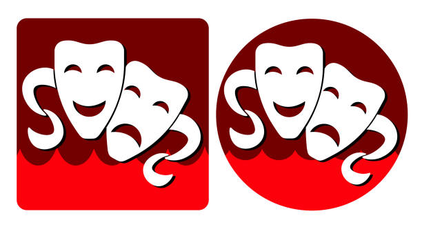 white comedy and tragic theatrical masks on red background in the form of logos white comedy and tragic theatrical masks on a red background in the form of logos opera stock illustrations