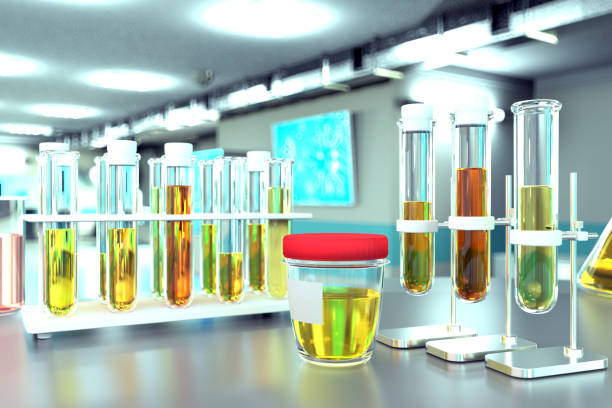 probówki laboratoryjne w nowoczesnym ośrodku biotechnologicznym - badanie jakości moczu na leukocytów esterazy lub szczawianów wapnia, ilustracja medyczna 3d - urea zdjęcia i obrazy z banku zdjęć