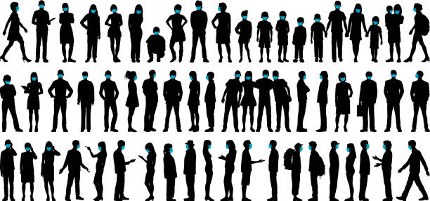 ilustraciones, imágenes clip art, dibujos animados e iconos de stock de personas altamente detalladas que usan máscaras quirúrgicas - crouching silhouette men people