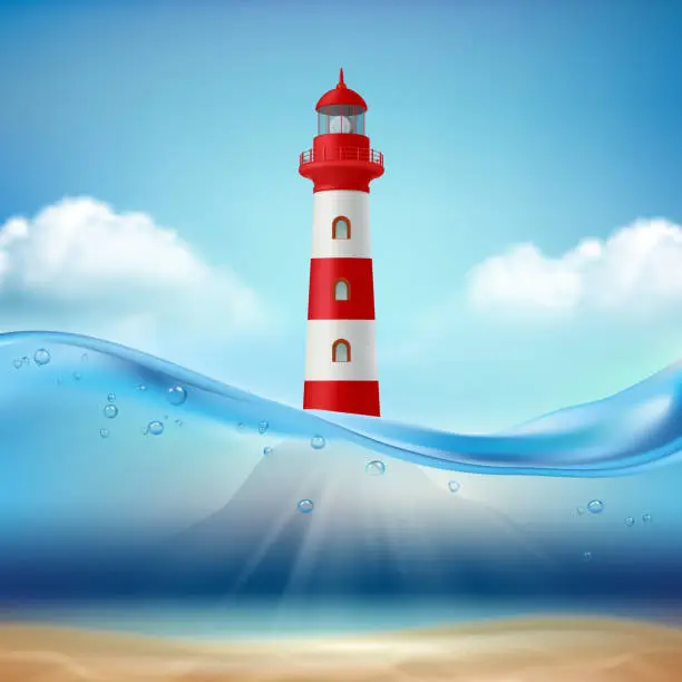 Vector illustration of Lighthouse. Marine or ocean background water wave and light beam lamp for safe ship navigation vector realistic sea landscape