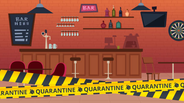 istock Quarantine bar closed. Global epidemic and isolation period, yellow caution stripes. Cafe interior vector illustration 1225722238