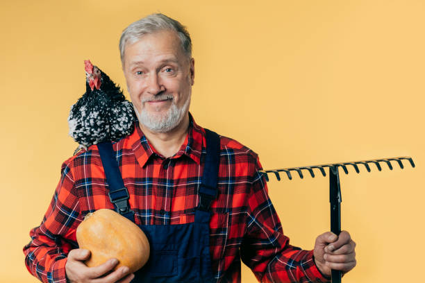 kind positive senior man is posing to the camera