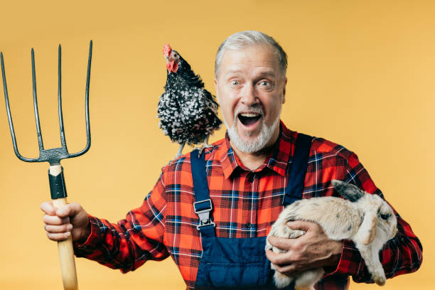 istock happy grey-haired man in fashion uniform holding a rabbit 1225722604
