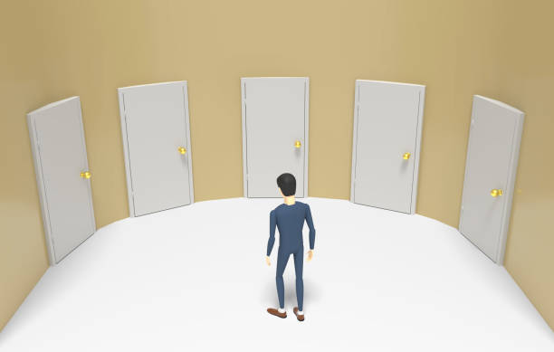 istock Man in indecision stands in front of several doors and cannot choose which one to enter. 3D illustration 1225722923