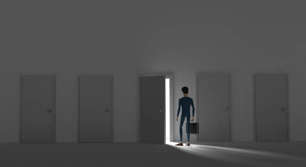 istock Man made his mind and enters in a door behind which there is bright light. 3D illustration 1225722930