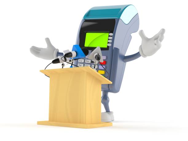 istock Credit card reader character gives a presentation 1225724670