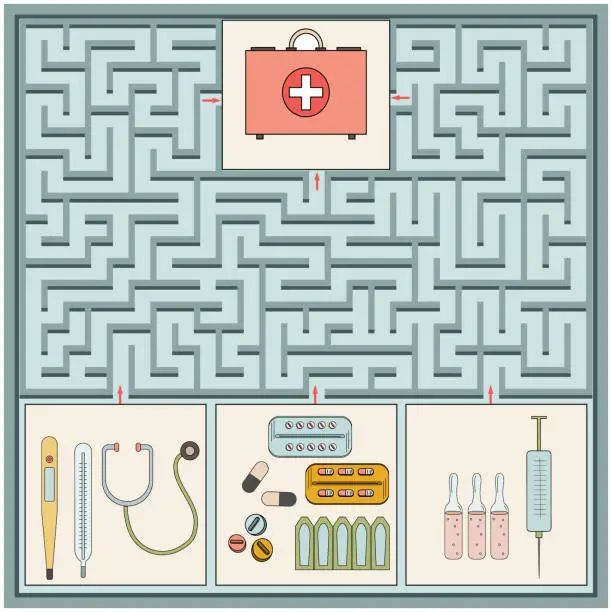 Vector illustration of Maze game on the theme of medicine, with the image of medical supplies and first aid kits, flat style, vector, design, entertainment