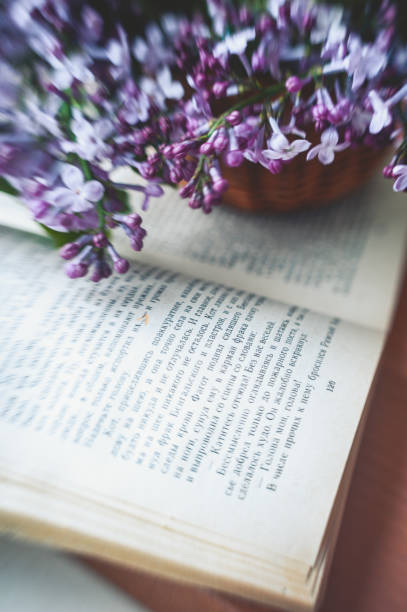 istock selective blurred focus. An old vintage battered open book with text in Russian and fresh blooming violet lilac 1225725715