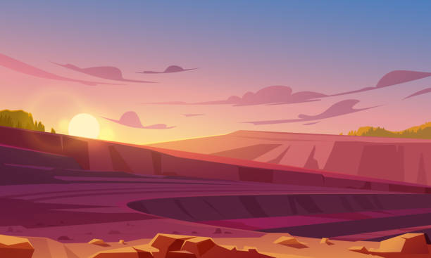 Open cast mining quarry at sunset Landscape with mining quarry at sunset. Opencast mine with rubble, sand or marble. Vector cartoon illustration of ore extraction open cast, digging pit in rock, earth or sandstone land mine stock illustrations