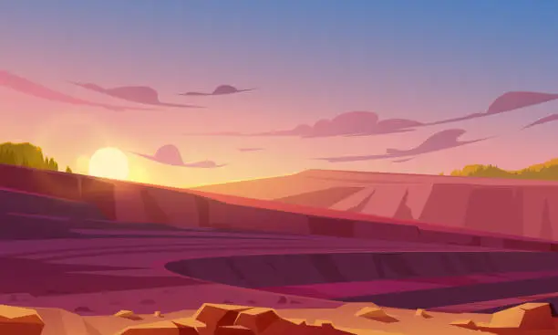 Vector illustration of Open cast mining quarry at sunset