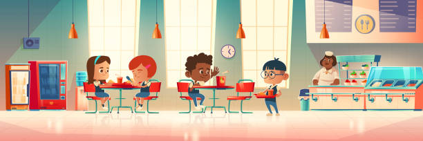 illustrations, cliparts, dessins animés et icônes de les enfants mangent dans la cantine scolaire - cantine