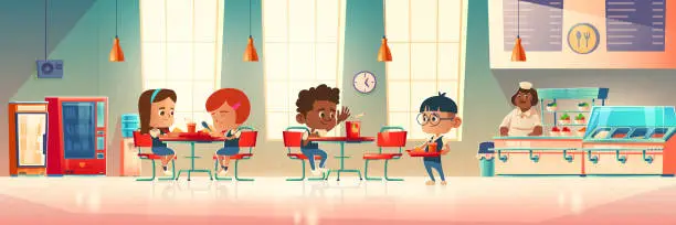 Vector illustration of Children eat in school canteen