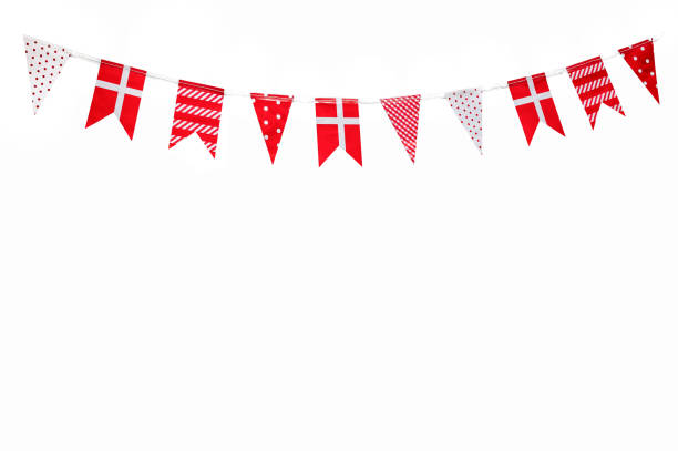 red and white cute flags with different pattern hanging bunting - danish flag imagens e fotografias de stock