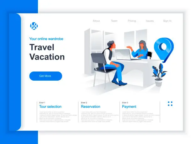 Vector illustration of Travel vacation isometric landing page. Travel agent consultation and help to client choosing tour situation.