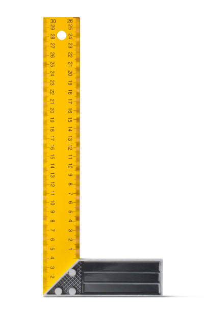 righello triangolo quadrato di costruzione - tape measure yellow long instrument of measurement foto e immagini stock